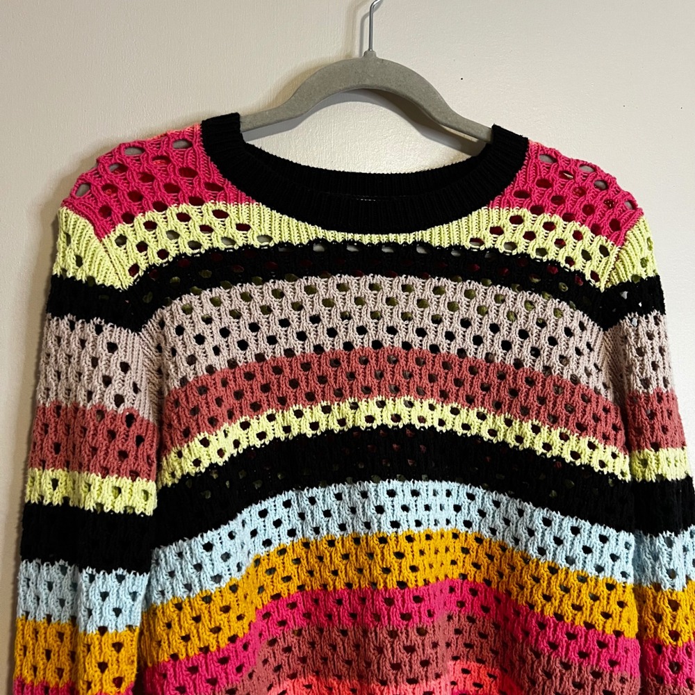 Lisa Todd Womens XS Striped Open Knit Cotton Blend Sweater Multi-Color Crew Neck - Picture 2 of 7